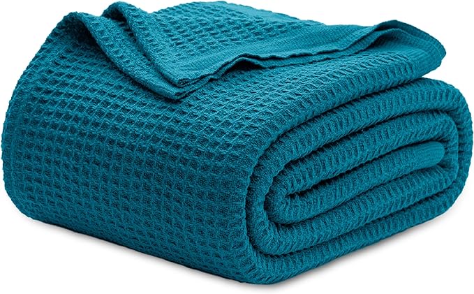 Bedsure 100% Cotton Blanket King Size for Bed - Breathable and Soft, Waffle Weave Blanket for Summer, Thick Cozy Fall Blankets for Women Gift, Teal, 104x90 inches-StrideForce Fitness
