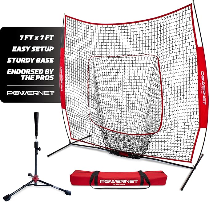 PowerNet Baseball Softball Practice Net 7x7 with Baseball Accessories for Practice Pitching, Batting & Fielding, Ball Caddy, Weighted Baseballs, Tee-StrideForce Fitness