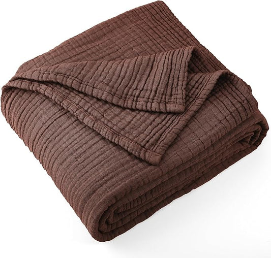 Carriediosa 100% Cotton Muslin Throw Blanket 66" X 90" Twin XL Size，4-Layers Summer Gauze Throws for Bed Couch，Soft Lightweight Breathable Linen Blankets Bedspread for Adults All Season，Dark Brown-StrideForce Fitness