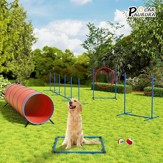 Dog Agility Course Backyard Set Dog Agility Equipment Obstacle Course Backyard Includes Adjustable High Hurdle,6 Weave Poles,Extended Tunnel,Jump Ring,Square Pause Box,2 Balls,Whistle,2 Carrying Bags-StrideForce Fitness