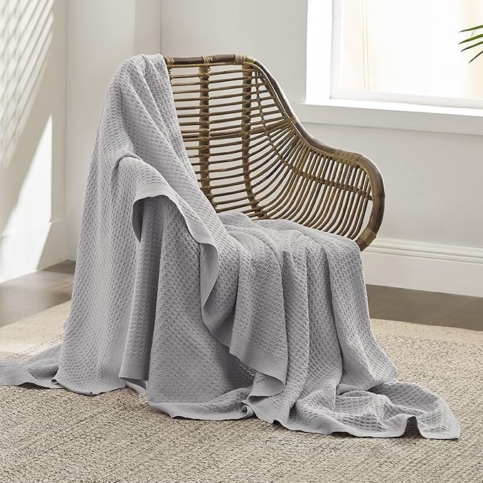 Bedsure 100% Cotton Large Throw Blanket for Couch 50x70 inches - Breathable and Soft, Waffle Weave Throw Blanket for Office, Grey-StrideForce Fitness