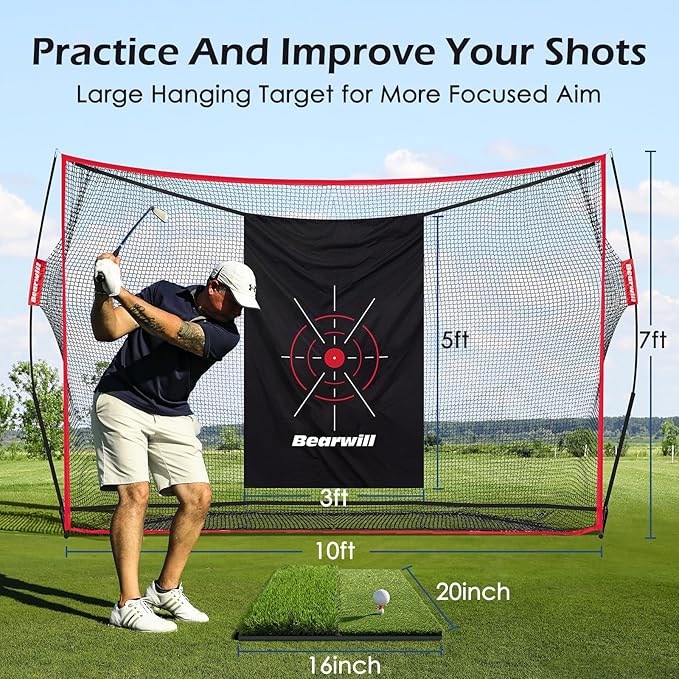 Golf Net, 10x7ft Heavy Duty Golf Practice Nets with Mat, Target Cloth, 8 Tees, 6 Balls, Carry Bag for Backyard Driving Chipping Indoor Outdoor Training-StrideForce Fitness