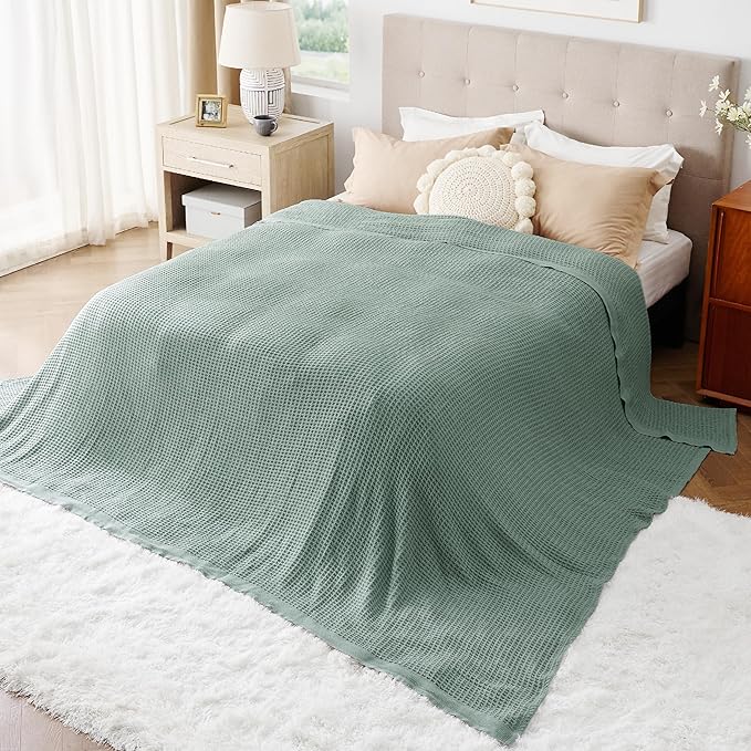 Bedsure 100% Cotton Large Blanket Oversized King for Bed - Breathable Thick Waffle Weave Blanket for Summer, Couch Cover, Sage Green, 120x94 inches-StrideForce Fitness