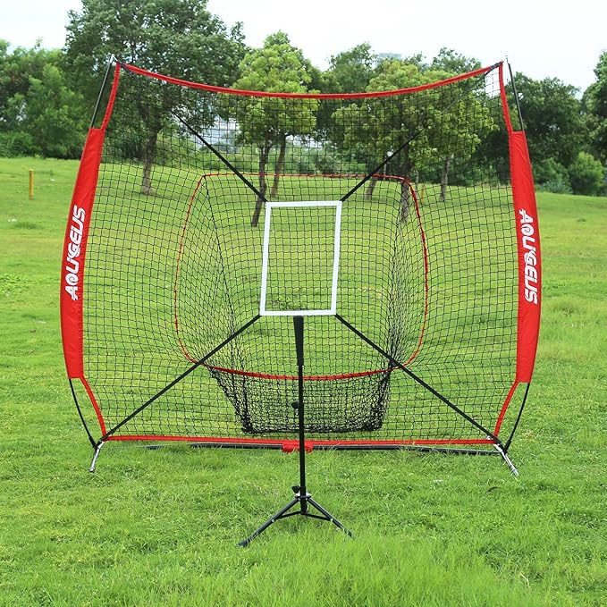 7'X7' Baseball Softball Practice Net,Pitching Net,Batting Net,with Baseball Tee,Bonus Strike Zone and Bow Frame,for Hitting,Pitching, Catching-StrideForce Fitness