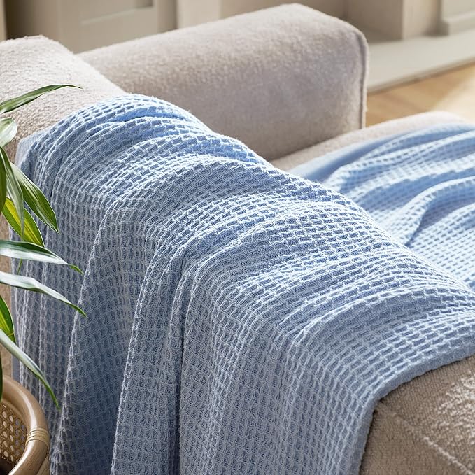 Bedsure 100% Cotton Blanket King Size for Bed - Breathable and Soft, Waffle Weave Blanket for Summer, Thick Cozy Fall Blankets for Women Gift, Sky Blue, 104x90 inches-StrideForce Fitness