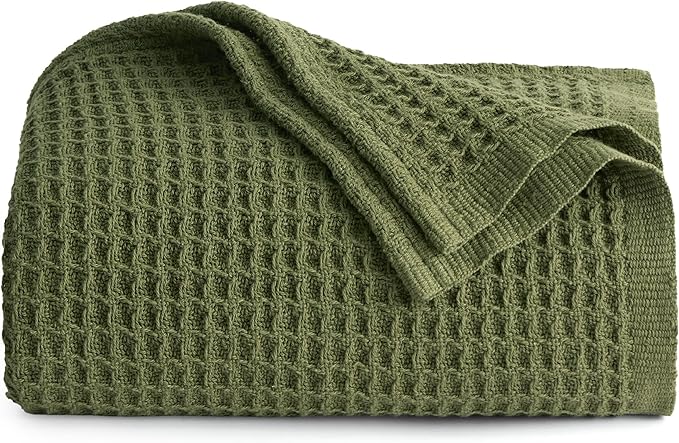 Bedsure 100% Cotton Large Throw Blanket for Couch 50x70 inches - Breathable and Soft, Waffle Weave Throw Blanket for Office, Olive Green-StrideForce Fitness