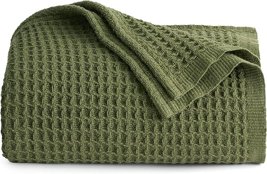 Bedsure 100% Cotton Large Throw Blanket for Couch 50x70 inches - Breathable and Soft, Waffle Weave Throw Blanket for Office, Olive Green-StrideForce Fitness