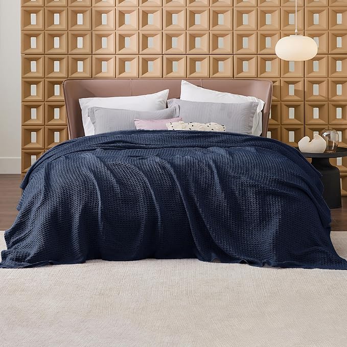 Bedsure 100% Cotton Blanket King Size for Bed - Breathable and Soft, Waffle Weave Blanket for Summer, Thick Cozy Fall Blankets for Women Gift, Pageant Blue, 104x90 inches-StrideForce Fitness