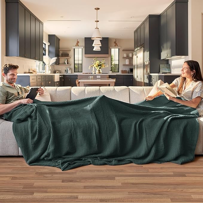 Bedsure 100% Cotton Blanket King Size for Bed - Breathable and Soft, Waffle Weave Blanket for Summer, Thick Cozy Fall Blankets for Women Gift, Dark Green, 104x90 inches-StrideForce Fitness