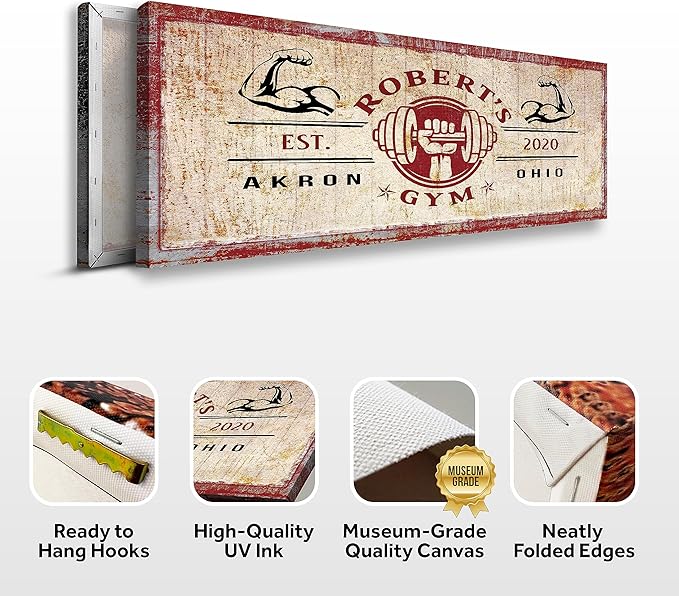 Tailored Canvases Personalized Gym Sign Wall Art Decor - Motivational Canvas for Home Gym, Workout Room, Garage, Fitness Center - Workout Inspirational Posters - One Hand Dumbbell on Rustic Red, 48x16in-StrideForce Fitness