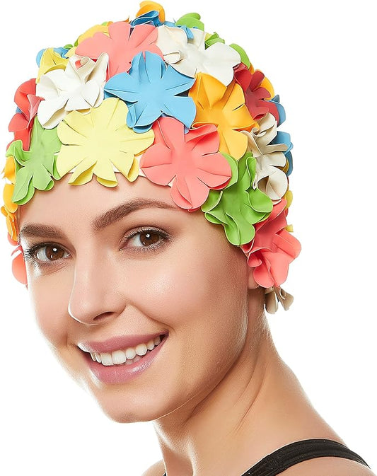 BEEMO Floral Petal Ladies Bathing Swim Cap Women Retro Swim Hat Long/Short Hair-StrideForce Fitness