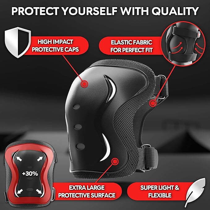 SKATEWIZ Skating Protective Gear Adults & Kids [6pc] incl. Knee Pads, Elbow Pads Wrist Guards for Roller Skating & Skateboarding-StrideForce Fitness