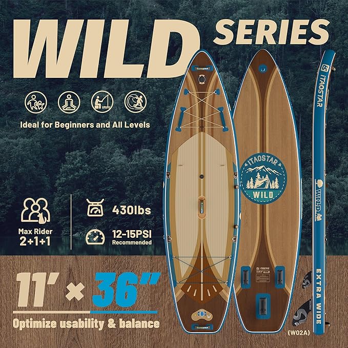 Wild 11'×36"/11'6"×34"/12'6"×33" Inflatable Paddle Board with Seat, One-Stop Premium SUP Board Gears, Tailored 5 Fins, Stable Inflatable Stand Up Paddle Boards for Youth/Adults of All Levels-StrideForce Fitness