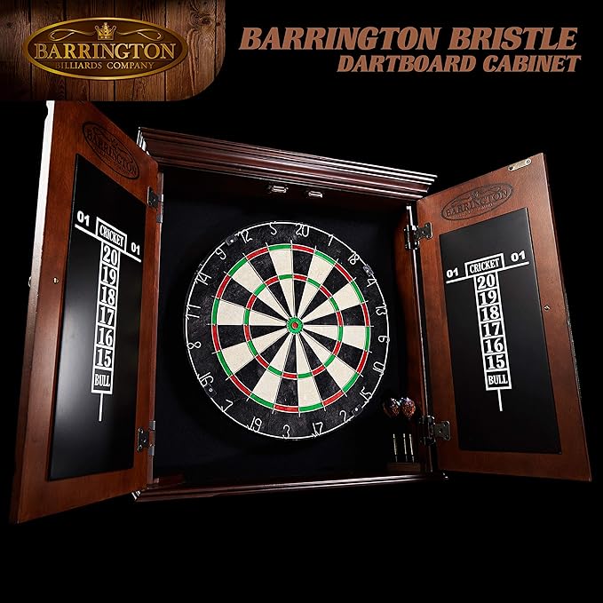 Barrington Dartboard Multiple Styles Pre-Assembled Wood Dartboard Cabinet Collection with 18” Bristle Dartboard & Steel Tip Dart Set, Perfect for Cricket Games-StrideForce Fitness