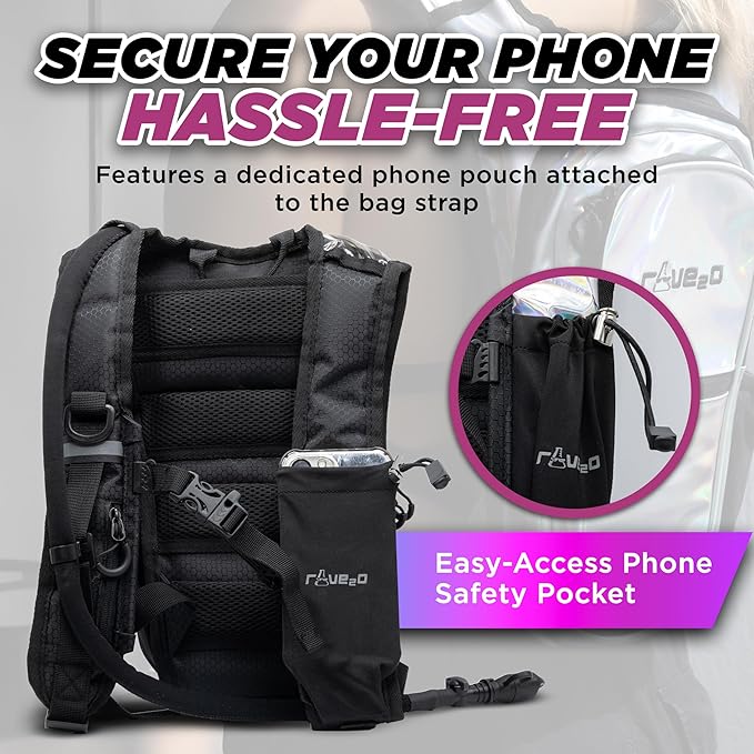 Rave Hydration Backpack – Anti-Theft Festival Hydration Pack with 1.5L Leakproof TPU Bladder – Slim, Insulated Water Pack with Secret Pockets & Breathable Back – for Raves, Music Festivals, EDC-StrideForce Fitness