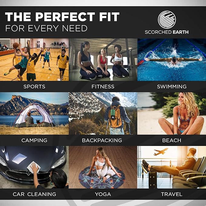 ScorchedEarth Microfiber Travel & Sports Towel Set - Quick Dry, Super Absorbent, Compact, Lightweight - for Camping, Backpacking, Hiking, Beach, Yoga, Swimming - Includes 2 Sizes + Carrying Bag & Clip-StrideForce Fitness