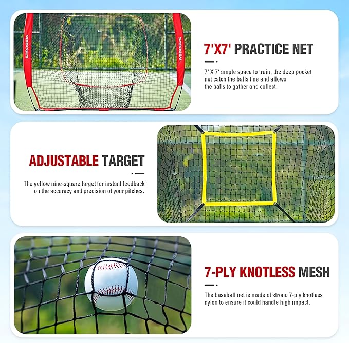 Storgem Baseball and Softball Practice Net 7×7ft Portable Hitting Pitching Batting Training Net Baseball Backstop Net with Batting Tee and Strike Zone and Bow Frame-StrideForce Fitness
