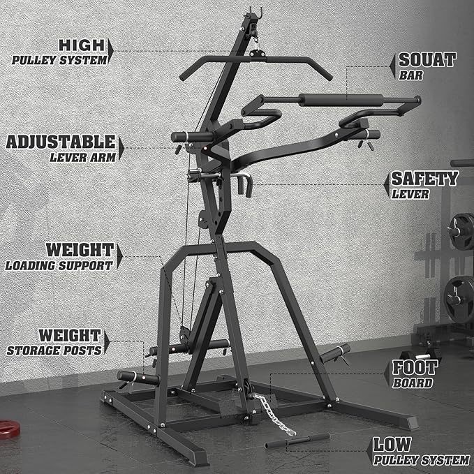 DONOW Leverage Gym Power Rack Squat Rack Lever Gym with LAT Low Row System Home Gym System Workout Station 2:1 Ratio (Without Weight Plates)-StrideForce Fitness