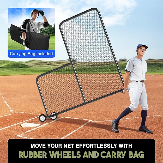 Yes4All Portable L-Screen Baseball 7x7ft with 2 Baseballs, Rubber Wheels - L Screen Baseball for Batting Cage, Protective Pitching Screen Net Double Layers, Carry Bag Included-StrideForce Fitness