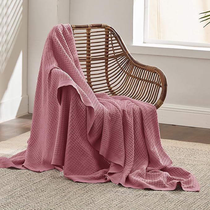 Bedsure 100% Cotton Large Throw Blanket for Couch 50x70 inches - Breathable and Soft, Waffle Weave Throw Blanket for Office, Dusty Rose-StrideForce Fitness