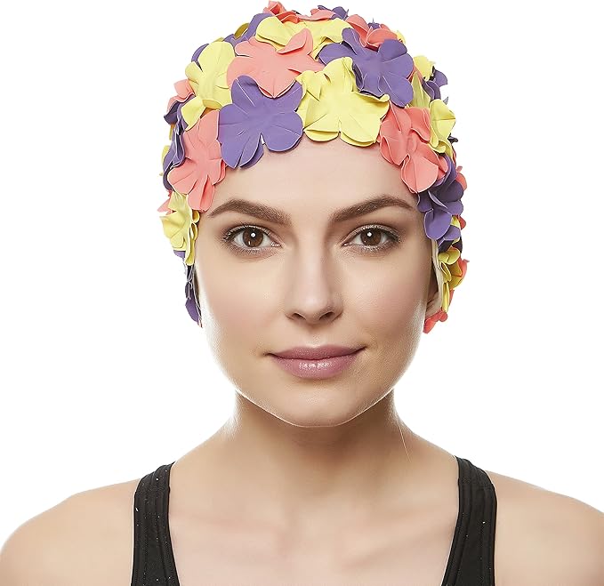 BEEMO Floral Petal Ladies Bathing Swim Cap Women Retro Swim Hat Long/Short Hair-StrideForce Fitness