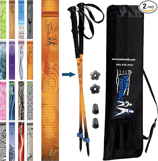 York Nordic Hiking & Walking Poles - Cushion Foam Grips w/Nordic Strap - Lightweight, Adjustable, and Great for Balance -2 Pieces w/Flip Locks, and Travel Bag - Heights 5'4"-6'2"-StrideForce Fitness