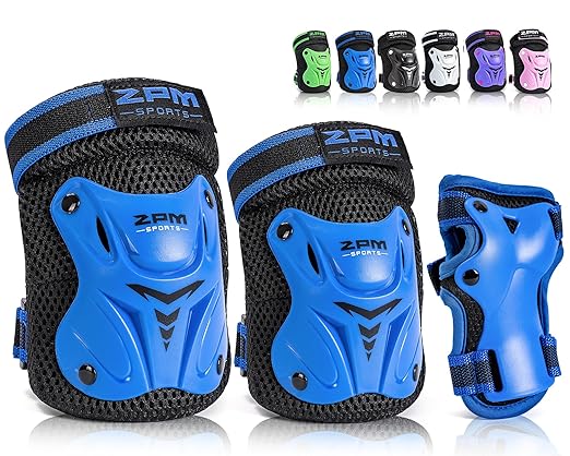 2PM SPORTS Knee Pads for Kids, Wrist Guards Knee and Elbow Pads Set with Drawstring Bag, Protective Gear Set for Girls Boys Roller Skating Cycling Skateboard - Blue Medium-StrideForce Fitness