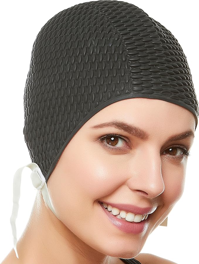 Beemo Swim Cap Women Chin Strap Bubble Crepe Latex Long Short Hair Swimming Caps-StrideForce Fitness