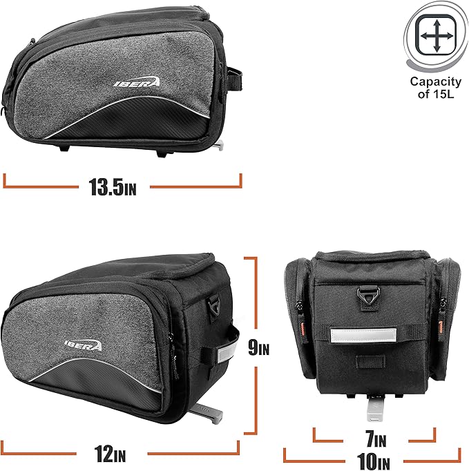 Ibera Bike Bag MIK Expandable Commuter 15-25L - Clip-On bike Bags For Bicycles with Expandable Pannier, Laptop Sleeve & Strap - Reflective Trim & Taillight Ready - Bike Rack Bag ONLY FOR MIK RACKS-StrideForce Fitness