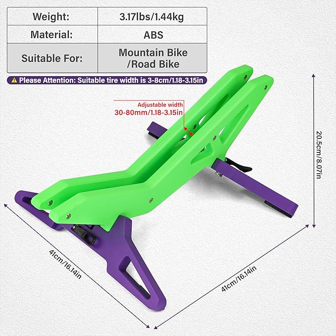 Adjustable Bike Parking Stand Fits 16-29 Inch Bicycles, Compatible with 23c-3.0 Tire Width – Heavy-Duty Plastic, Easy Installation, Stylish Two-Tone Design (Green&Purple)-StrideForce Fitness