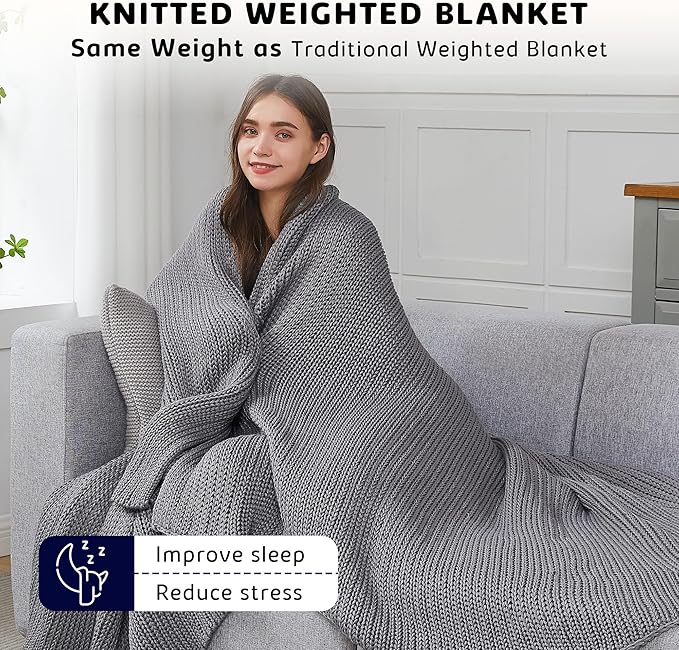 L'AGRATY Knitted Weighted Blanket - 60"x80" 20lbs Cooling Chunky Knit Heavy Blanket for Adults Braided Crochet Throw Thick Cable Yarn Knit Decorative No Beads Evenly Weighted Machine Washable-StrideForce Fitness