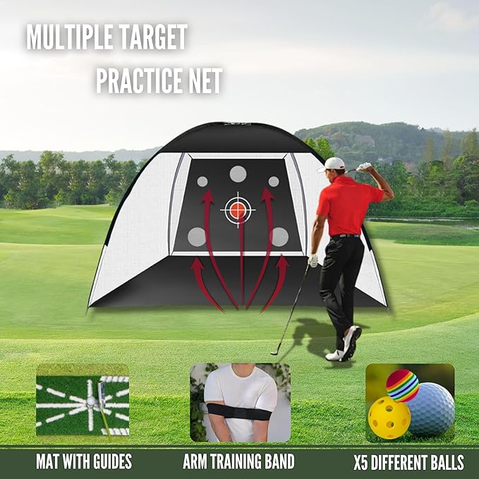 Golf Net 10x7ft – All-in-One Indoor/Outdoor Practice net with Multiple Targets, Heavy-Duty Base, tee, Balls & Bag for Driving, Chipping & Swing Training for Golf Lovers & dads.-StrideForce Fitness