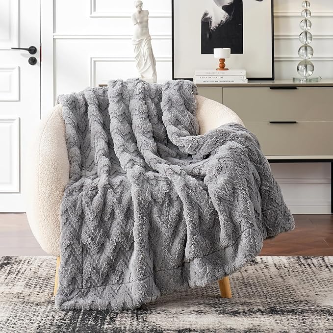Cozy Bliss Faux Fur Throw Blanket for Couch - Soft Fuzzy Cozy Throw Gift Blankets for Women,Grey Boho Blanket for Sofa Bedroom Living Room.60 * 80 Inches-StrideForce Fitness