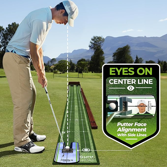 Golfguru Putting Green, 9.8ft Golf Putting Mat with Automatic Ball Return Track & Putting Mirror, Indoor Putting Greens for Home with Thickened Wrinkle-Free Crystal Velvet, Golf Accessories for Men-StrideForce Fitness