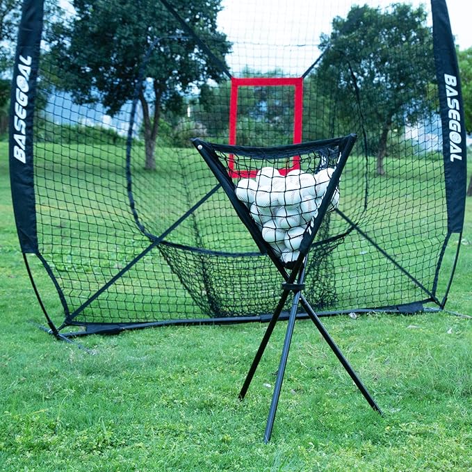7'×7' Baseball Softball Practice Net,Baseball Backstop,with Batting Tee,Ball Caddy,for Hitting Pitching Batting Catching with Bow Frame,Bonus Strike Zone,Portable and Foldable-StrideForce Fitness