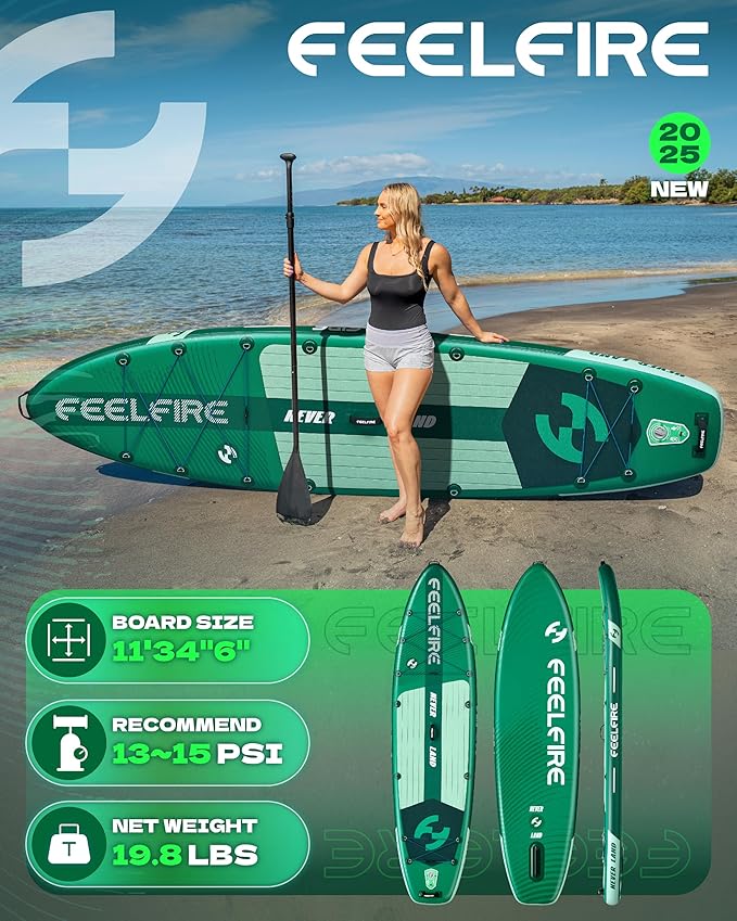 Feelfire11'x34” Extra Wide Inflatable Paddleboard, Stand-up Paddle Board for Adults, 420lb Capacity for Yoga/Fishing/Family, EVA Deck, US Fin, High-Pressure Pump, Storage Backpack, Safety Leash-StrideForce Fitness
