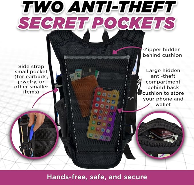 Rave Hydration Backpack – Anti-Theft Festival Hydration Pack with 1.5L Leakproof TPU Bladder – Slim, Insulated Water Pack with Secret Pockets & Breathable Back – for Raves, Music Festivals, EDC-StrideForce Fitness