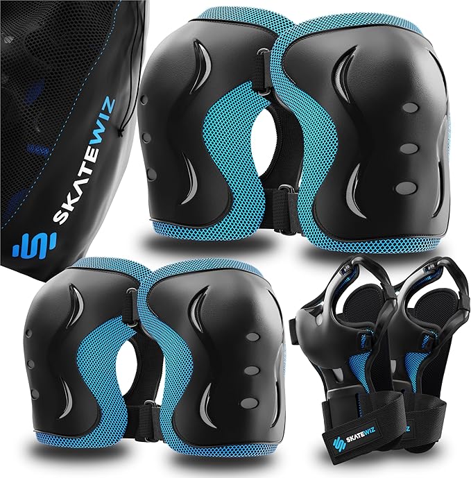 SKATEWIZ Skating Protective Gear Adults & Kids [6pc] incl. Knee Pads, Elbow Pads Wrist Guards for Roller Skating & Skateboarding-StrideForce Fitness