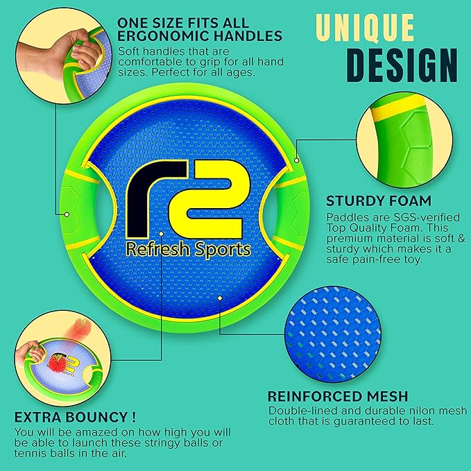 Fun Bouncy Paddle & Stringy Ball Toss & Catch Game - Easy to Use for Kids All Ages - Soft Foam Design for Safe Play Indoors or Outdoors - Also Works as Flying Disc - Great Gift Idea for Boys & Girls-StrideForce Fitness