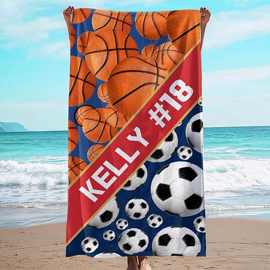 Personalized Beach Towel With Name, Custom Beach Towel with Text, Customized Basketball Football Microfiber Pool Towel, Quick Dry & Absorbent Swim Towel for Adult,Anniversary, Birthday, Summer Holiday-StrideForce Fitness