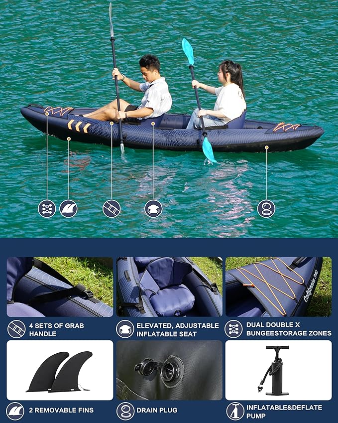 Inflatable Kayak 2 Person, Tandem Kayak, Foldable Kayaks for Adults, with Kayak Fin, 2 Aluminum Paddles, 2 Padded Seats, Hand Pump and Travel Backpack-StrideForce Fitness