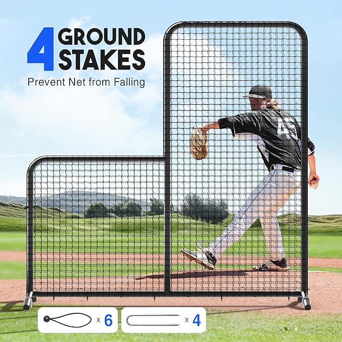 Yes4All Portable L-Screen Baseball 7x7ft with 2 Baseballs, Rubber Wheels - L Screen Baseball for Batting Cage, Protective Pitching Screen Net Double Layers, Carry Bag Included-StrideForce Fitness