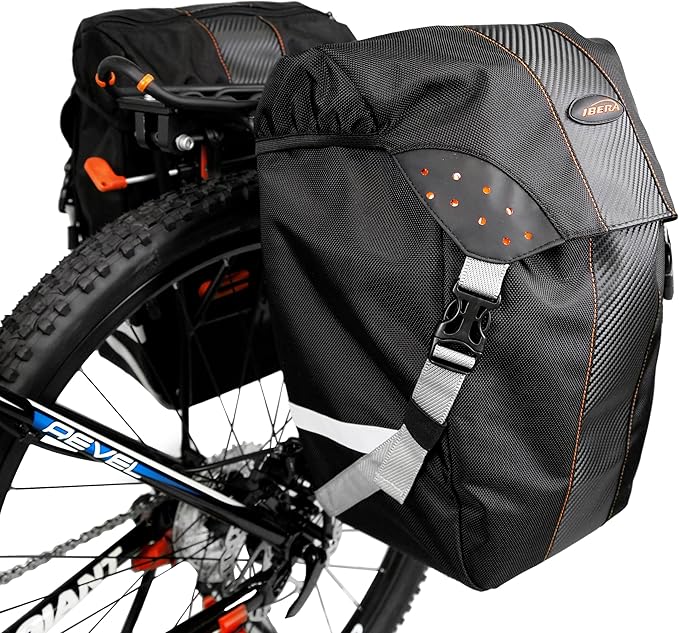 Ibera Bicycle Bag PakRak Clip-On Quick-Release All Weather Bike Panniers (Pair), Includes Rain Cover , Black-StrideForce Fitness