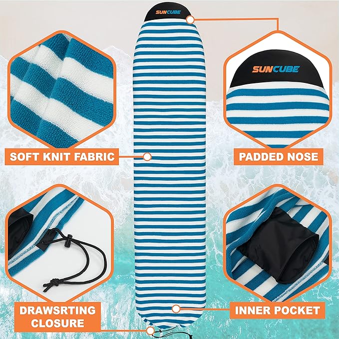 SUN CUBE Surfboard Sock Cover, Protective Surf Bag for Surfing Board, Light Stretchy Surfbag Sleeve for Longboard, Hybrid (8'6'', Black White)-StrideForce Fitness