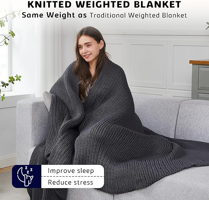 L'AGRATY Knitted Weighted Blanket - 48"x72" 12lbs Cooling Chunky Knit Heavy Blanket for Adults Braided Crochet Throw Thick Cable Yarn Knit Decorative No Beads Evenly Weighted Machine Washable-StrideForce Fitness