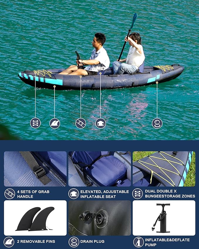 Inflatable Kayak 2 Person, Tandem Kayak, Foldable Kayaks for Adults, with Kayak Fin, 2 Aluminum Paddles, 2 Padded Seats, Hand Pump and Travel Backpack-StrideForce Fitness