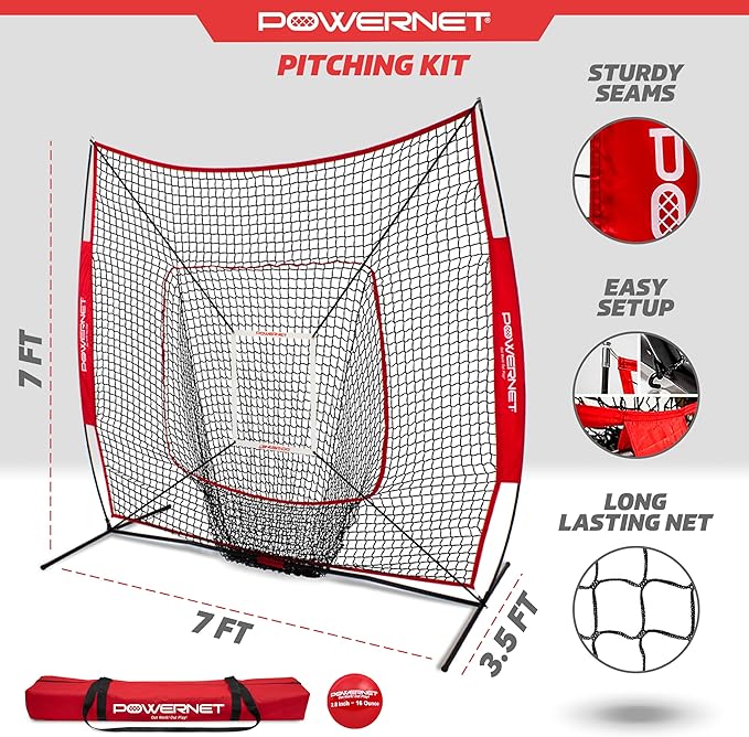 PowerNet Baseball Softball Practice Net 7x7 with Baseball Accessories for Practice Pitching, Batting & Fielding, Ball Caddy, Weighted Baseballs, Tee-StrideForce Fitness
