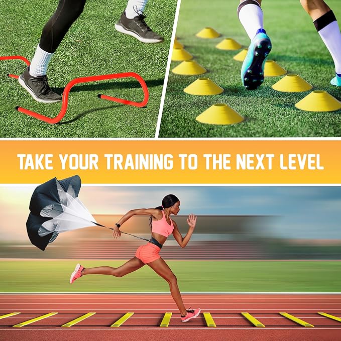 Yes4All Agility Ladder Speed Training Equipment Set - 1 Adjustable Agility Ladder, 12 Soccer Cones, 5 Hurdles, Jump Rope, Running Parachute - Speed & Agility Training Equipment for All Ages-StrideForce Fitness