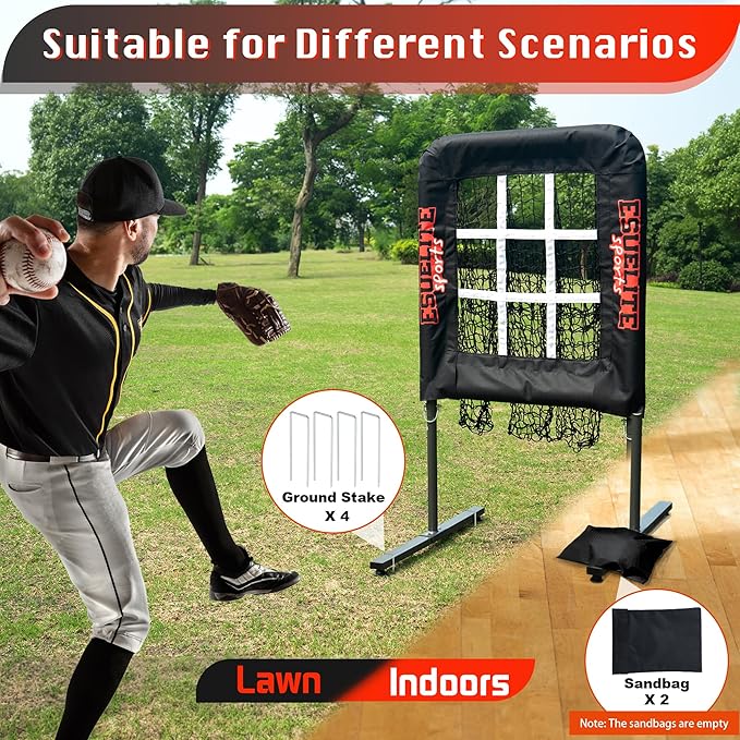 Heavy-Duty 9 Hole Pitching Net with Strike Zone, Baseball/Softball Pitching Target, Portable Height-Adjustable Pitcher Training Equipment, Includes 4 Ground Stakes and 2 Sandbags-StrideForce Fitness