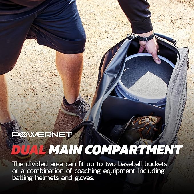 PowerNet Rolling Bucket Bag, Holds 2 6-Gallon Bucket of Baseballs & Softballs, Storage Pockets for Baseball Bat, Gloves & Scoreboards, Fits Launch F-lite Pitching Machine & Balls-StrideForce Fitness